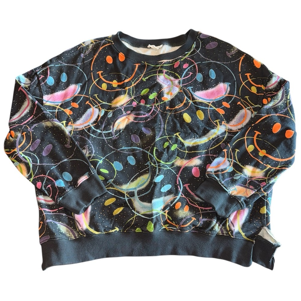 Easel Los Angeles Colorful Smiley Face Crew Neck Pullover Long Sleeve Top S